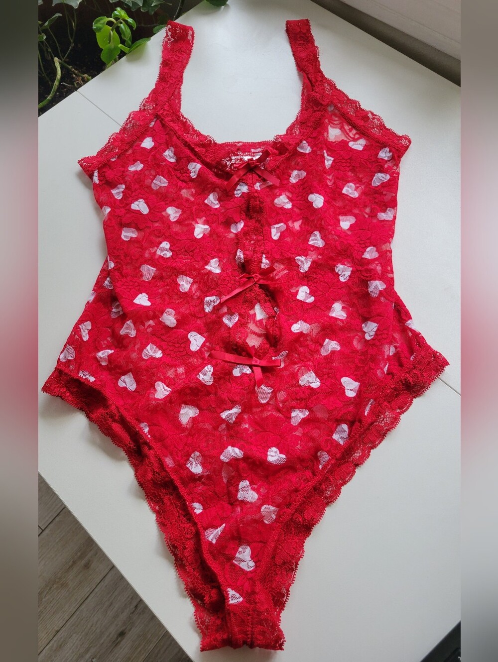 Vintage Frederick's of Hollywood Red Lace Heart-Print Bodysuit
